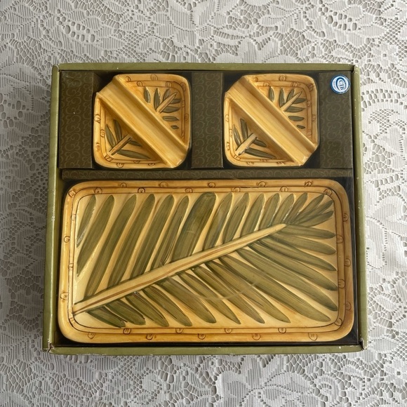 Island Plantations Sushi Set 4 Pieces Hand Painted Ceramic Areca Palm New - Picture 2 of 7